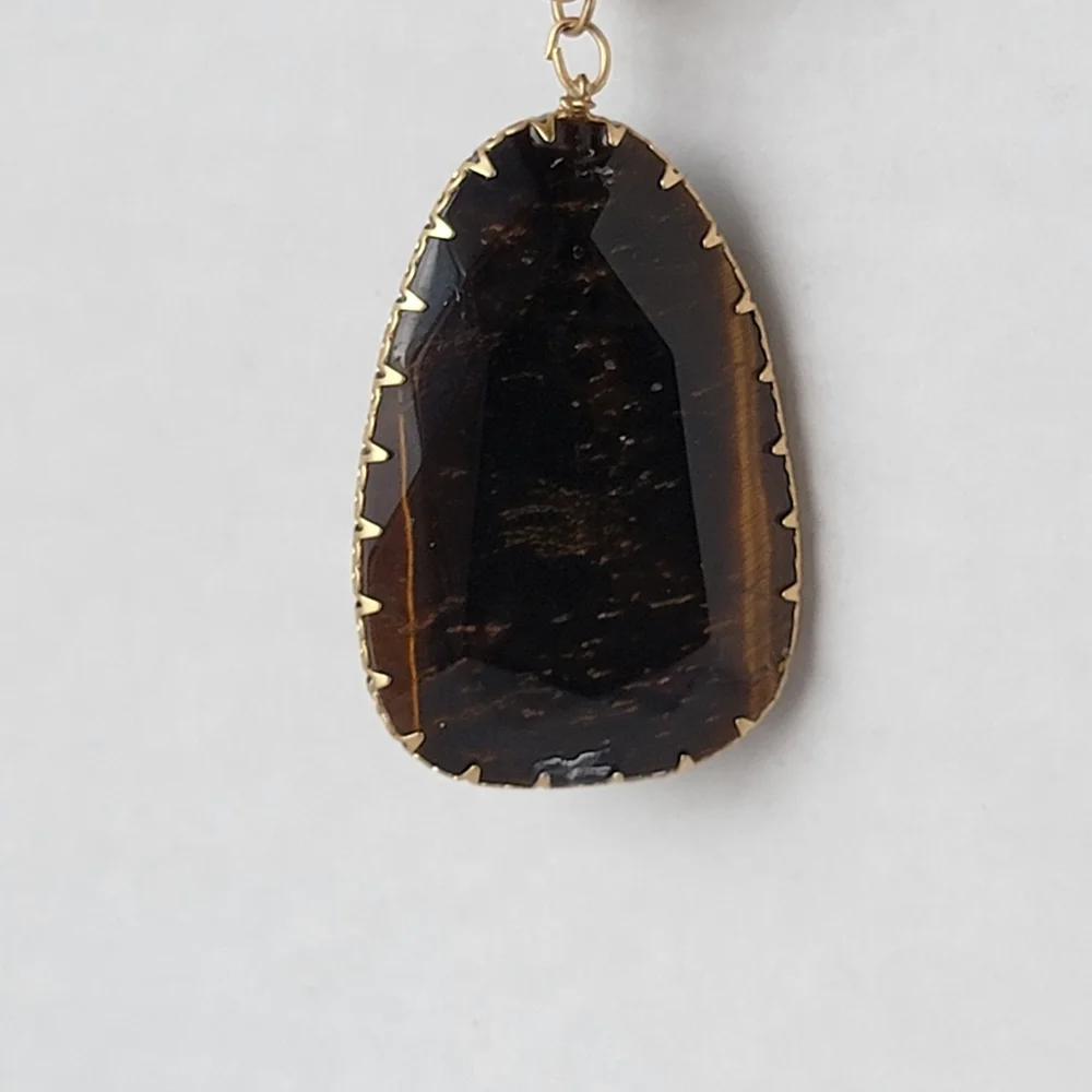Tigers Eye Pendant Necklace Layered Chain Genuine Stone